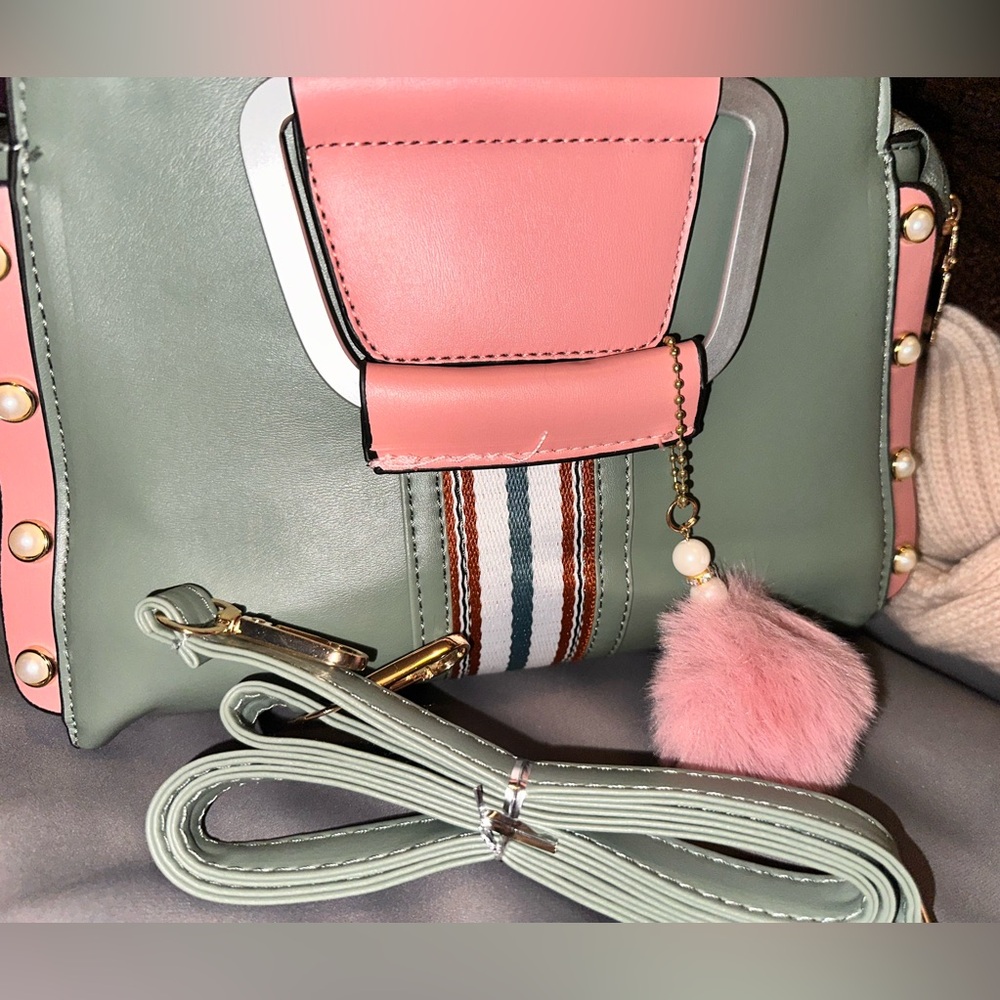 New Pearl Studded Striped Bag With Pom Puff